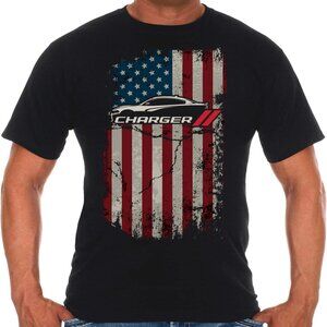 JH Design Men's Dodge Charger T-Shirt American Flag Black Crew Neck Shirt
